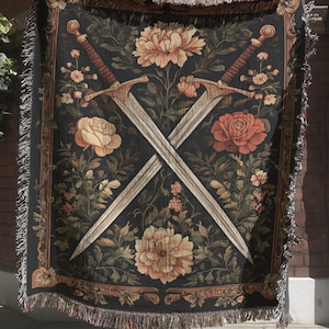 Medieval Tapestry, Swords & Floral Design, Chivalry Heritage Decor, Warrior Theme Woven Blanket, Vintage Wall Hanging, Regal Home Textile