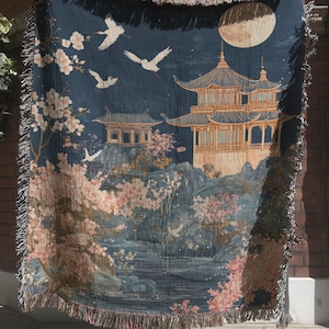 Oriental Chinoiserie Landscape Tapestry Blanket, Floral Woven Throw with Blossom & Birds, Asian Pagoda Wall Hanging, Japanese Home Decor