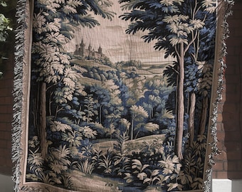 French Verdure Aubusson Tapestry, Antique Medieval Woven Throw Blanket, Vintage Rococo Wall Hanging, Forest Tapestry, Renaissance Home Decor