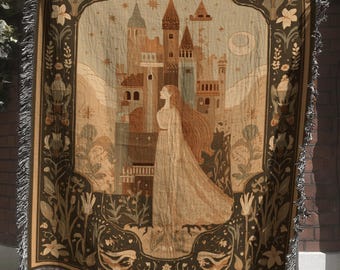 Fairytale Princess Woven Blanket; Magical Fantasy Castle Tapestry with Florals
