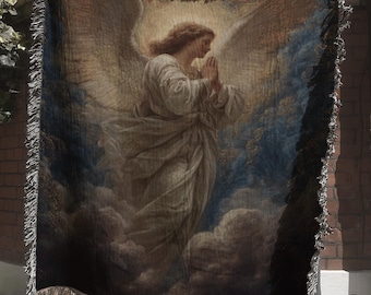 Sacred Angel Woven Blanket; Vintage Religious Tapestry for Catholic Home Decor