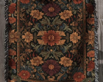 Vintage Floral Tapestry with Geometric pattern; Antique Botanical Woven Wall Blanket