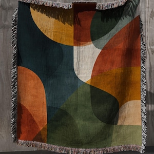 Artristic Woven Blanket with Organic Shapes; Modern Mid Century Tapestry with Color Blocks