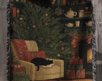 Holiday Fireplace Woven Wall Tapestry with Cozy Cat; Festive Christmas Tree Woven Blanket; Winter Home Decor