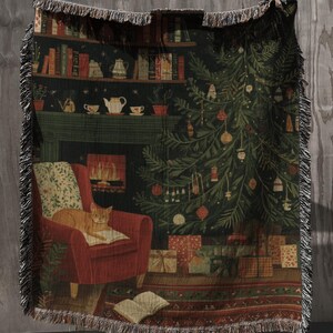 Festive Christmas Cat Woven Blanket with Christmas Tree; Holiday Fireplace Library Wall Tapestry