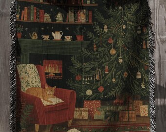 Festive Christmas Cat Woven Blanket with Christmas Tree; Holiday Fireplace Library Wall Tapestry