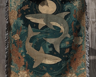 Celestial Shark Tapestry wit Florals; Nautical Sea Animal Woven Blanket with Moon