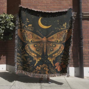 Mystical Moth & Moon Tapestry Blanket, Luna Moth Wall Hanging, Dark Academia Woven Throw Blanket, Witchy Cottagecore Decor, Moth Lover Gift