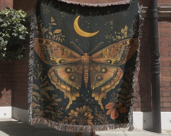 Mystical Moth & Moon Tapestry Blanket, Luna Moth Wall Hanging, Dark Academia Woven Throw Blanket, Witchy Cottagecore Decor, Moth Lover Gift