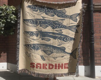 Vintage Sardine Woven Tapestry, Fisherman Aesthetic Wall Hanging, Ocean Seafood Decorative Throw Blanket, Unique Fish Gift for Fisherman