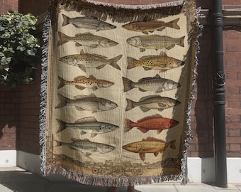Vintage Fish Tapestry, Lake House Woven Blanket, Antique Fishing Wall Hanging, Rustic Cabin Decor, Gift for Fisherman, Nautical Home Decor