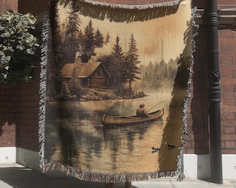 Fisherman Canoe Trip Tapestry; Lake Fishing Scene Woven Blanket with Cabin Lodge