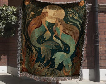 Nautical Mermaid Tapestry with Moon; Fantasy Ocean Sea Woven Blanket for Celestial Home Decor
