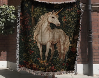 Woodland Unicorn Woven Blanket, Medieval Fantasy Tapestry, Enchanted Forest Wall Hanging, Magical Unicorn Wall Decor, Fairytale Throw