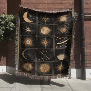 Celestial Woven Blanket - Mystic Space Tapestry Throw, Astrology Boho Wall Hanging, Moon and Stars Blanket, Tarot Card Illustration,