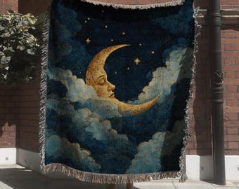 Mystical Moon Woven Blanket; Dreamy Poetic Night Sky Tapestry