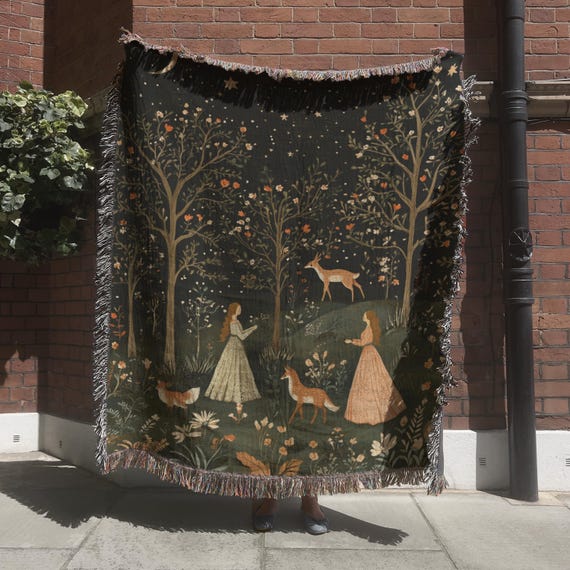 Forest Tapestry Woven Blanket, Enchanted Folk Art Throw, Magical Fairy Tale Home Decor, Ethereal Woodland Wall Hanging, Mythical Nature