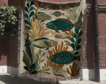 Nautical Fish Woven Blanket with Coral Reef; Underwater Sea Life Tapestry