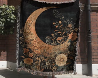 Moon Flowers Tapestry, William Morris Inspired Woven Blanket, Floral Moon Wall Hanging, Botanical Lunar Throw Blanket, Whimsigoth Decor