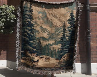 Wilderness and Wolves Woven Blanket; Rustic Mountain Valley Wall Tapestry for Cabin Decor