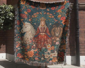 Lady and the Unicorn Tapestry, Medieval Tapestry, Historical Wall Hanging, Fantasy Woven Blanket, Historical Home Decor, Bohemian Wall Decor