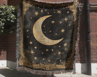 Celestial Moon and Starts Tapestry, Vintage Astrology Moonlit Woven Blanket, Gothic Mystical Wall Hanging, 100 % Cotton Cozy Throw Blanket