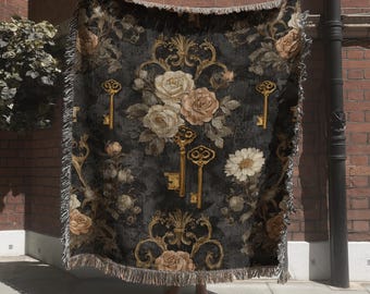 Gothic Tapestry with Antique Roses Pattern; Dark Victorian Woven Blanket
