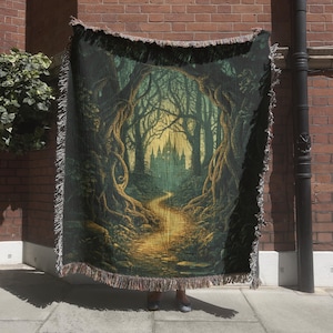 Dark Fantasy Castle Tapestry Throw, Mystical Forest Woven Blanket, Enchanted Forest Wall Hanging, Gothic Home Decor, Medieval Tapestry