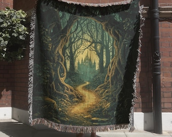 Dark Fantasy Castle Tapestry Throw, Mystical Forest Woven Blanket, Enchanted Forest Wall Hanging, Gothic Home Decor, Medieval Tapestry