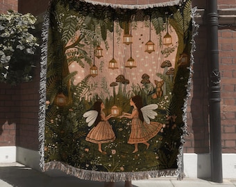 Fairy Lantern Tapestry with Enchanted Forest; Fantasy Woodland Woven Blanket