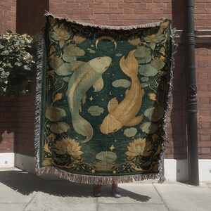 Celestial Koi Fish Tapestry with Moon; Yin Yang Water Animal Woven Blanket
