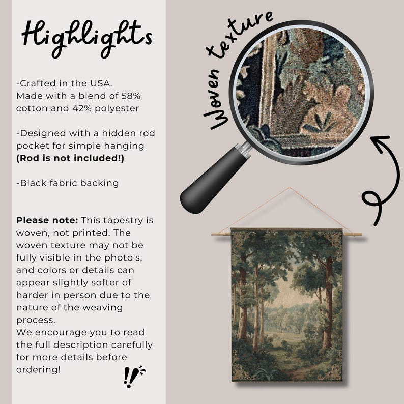 K&ouml;nnte beinhalten: Ein gewebter Wandteppich mit einer Waldszene mit hohen B&auml;umen und einem Pfad. Der Wandteppich ist mit einer versteckten Stangentasche zum Aufh&auml;ngen versehen. Das Bild enth&auml;lt den Text "Highlights" und "woven texture".
