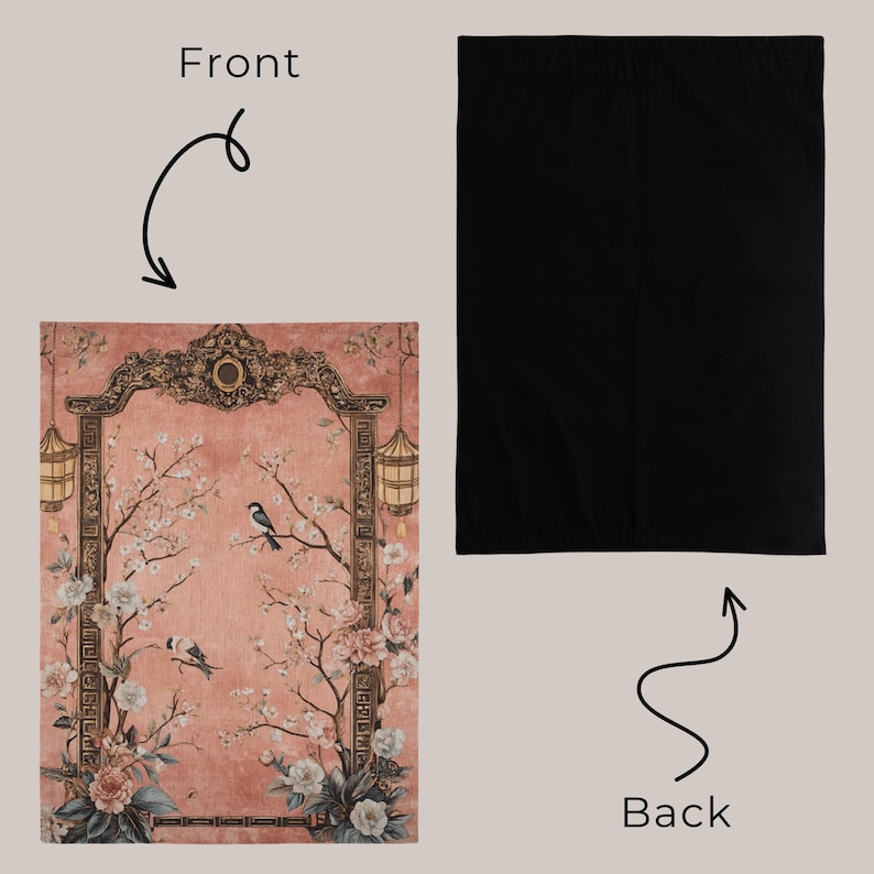 May include: A rectangular, peach-colored blanket with a floral and bird design. The front features a detailed illustration of cherry blossoms, birds, and ornate architectural elements. The back is solid black.