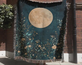 Celestial Moon Woven Blanket, Night Sky Botanical Tapestry, Vintage Home Decor, Starry Moonlit Forest Throw, Blue Floral Wall Hanging