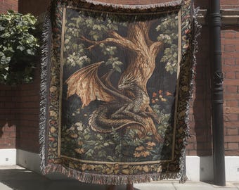 Folklore Dragon Tapestry Blanket, Medieval Fantasy Woven Throw, Whimsigoth & Castlecore Wall Hanging for Dragonlovers, Mythical Creature