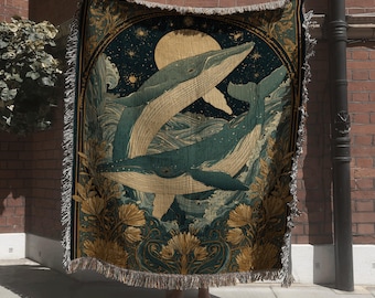 Ocean Whales Tapestry with Moonlit; Celestial Sea Animal Woven Blanket with Stars