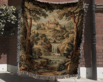Castle Landscape Woven Blanket with Waterfall; French Verdure Wall Tapestry