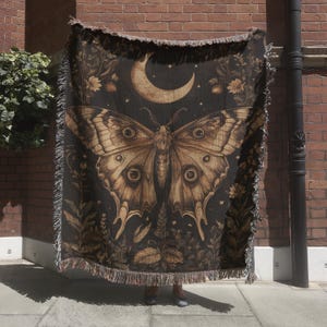 Celestial Moth Tapestry Blanket, Mystical Moth Luna Woven Throw Blanket, Dark Academia Wall Hanging, Gothic Home Decor, Insect Lover Gift