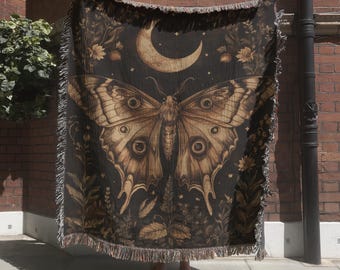 Celestial Moth Tapestry Blanket, Mystical Moth Luna Woven Throw Blanket, Dark Academia Wall Hanging, Gothic Home Decor, Insect Lover Gift