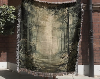 Enchanted Forest Woven Wall Hanging, Nature Tapestry, Lush Forest Woven Throw Blanket, Greenery Nature Decor, Green Woods Tapestry Blanket
