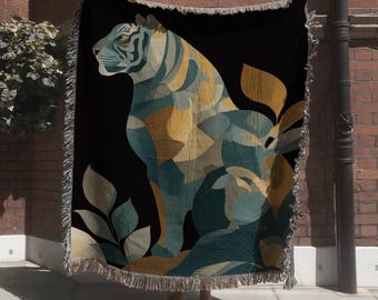 Abstract Tiger Woven Blanket; Wildlife Animal Tapestry with Botanial Design