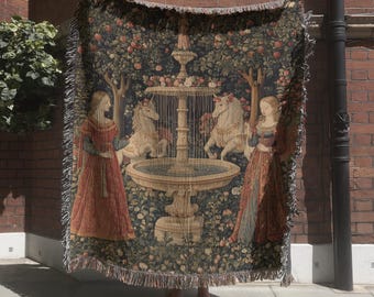 Medieval Tapestry Blanket with Fountain & Unicorn Design, Vintage Lady and the Unicorn Woven Wall Hanging, Renaissance and Castlecore Decor