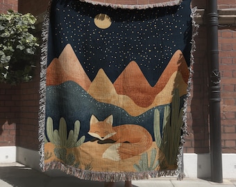 Bohemian Desert Fox Tapestry, Abstract Mountain Landscape Woven Blanket with Night Sky
