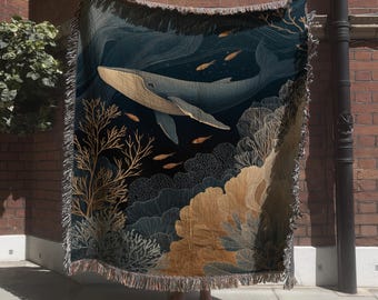 Marine Woven Blanket with Underwater Whale Fantasy Scene; Nautical Ocean Tapestry