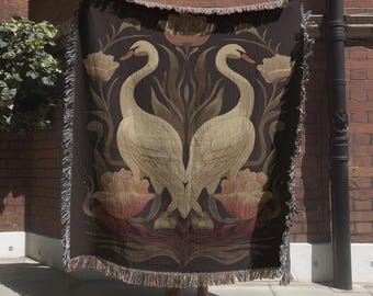 Romantic Swans Woven Blanket; Elegant Nature Inspired Tapestry with Flowers