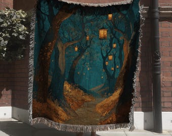 Vintage Fantasy Forest Tapestry with Lantern; Mystical Autumn Pathway Woven Blanket