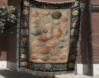 Beachy Seashell Woven Blanket; Seaside Ocean Tapestry with Coral and Starfish