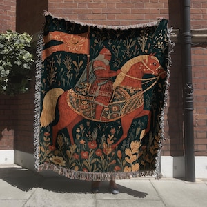 Medieval King on Horseback Tapestry, Red Armored Warrior Floral Woven Throw Blanket, Vintage Castlecore Wall Art Gift, Gothic Aesthetic