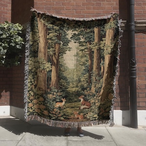 Enchanted Woodland Woven Blanket, Fantasy Forest Tapestry, Nature Inspired Wall Hanging, Cozy Green Woods and Forest Animals Throw Blanket