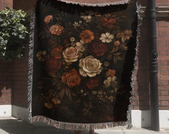 Vintage Fall Floral Woven Blanket, Dark Autumn Flower Tapestry, Moody Botanical Wall Decor, Rustic Fall Decor Wall Hanging, Maximalist Decor